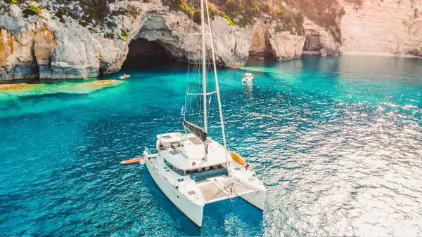 Catamaran anchored in a bay in Greece