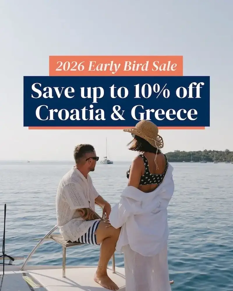 Travel deals on 2026 luxury travel in Croatia or Greece on catamaran cruises with Yacht Getaways ad.