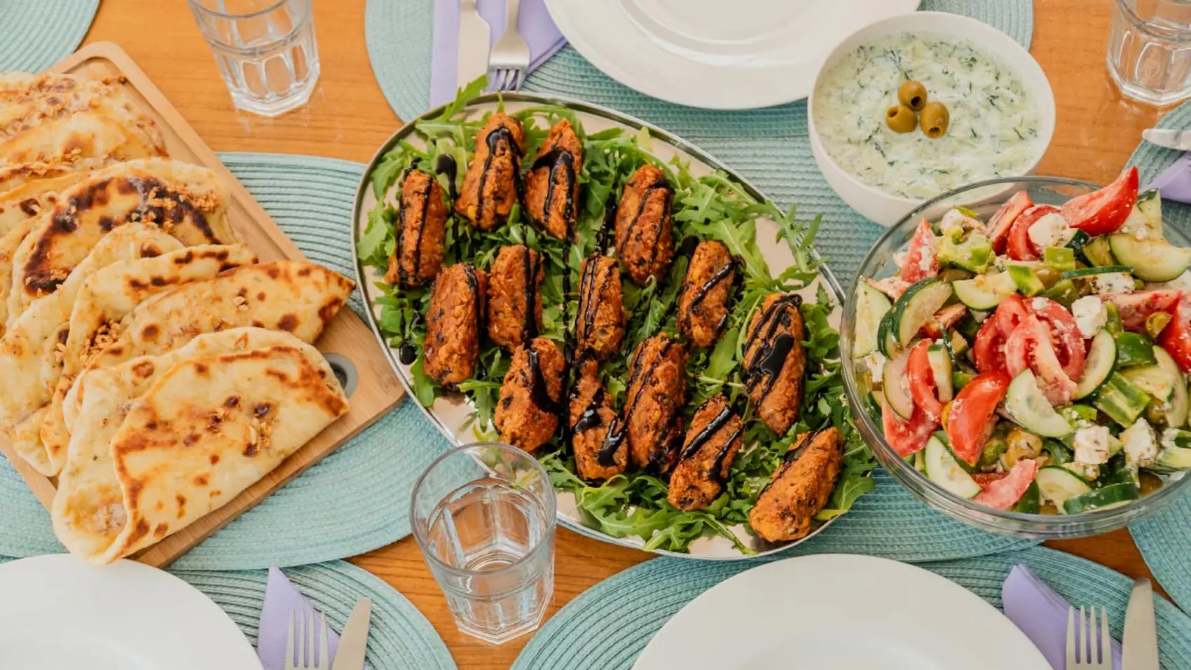 bread, salad and koftas served for lunch