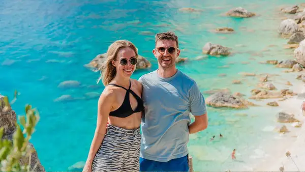 Couple pose for a photo in Greece