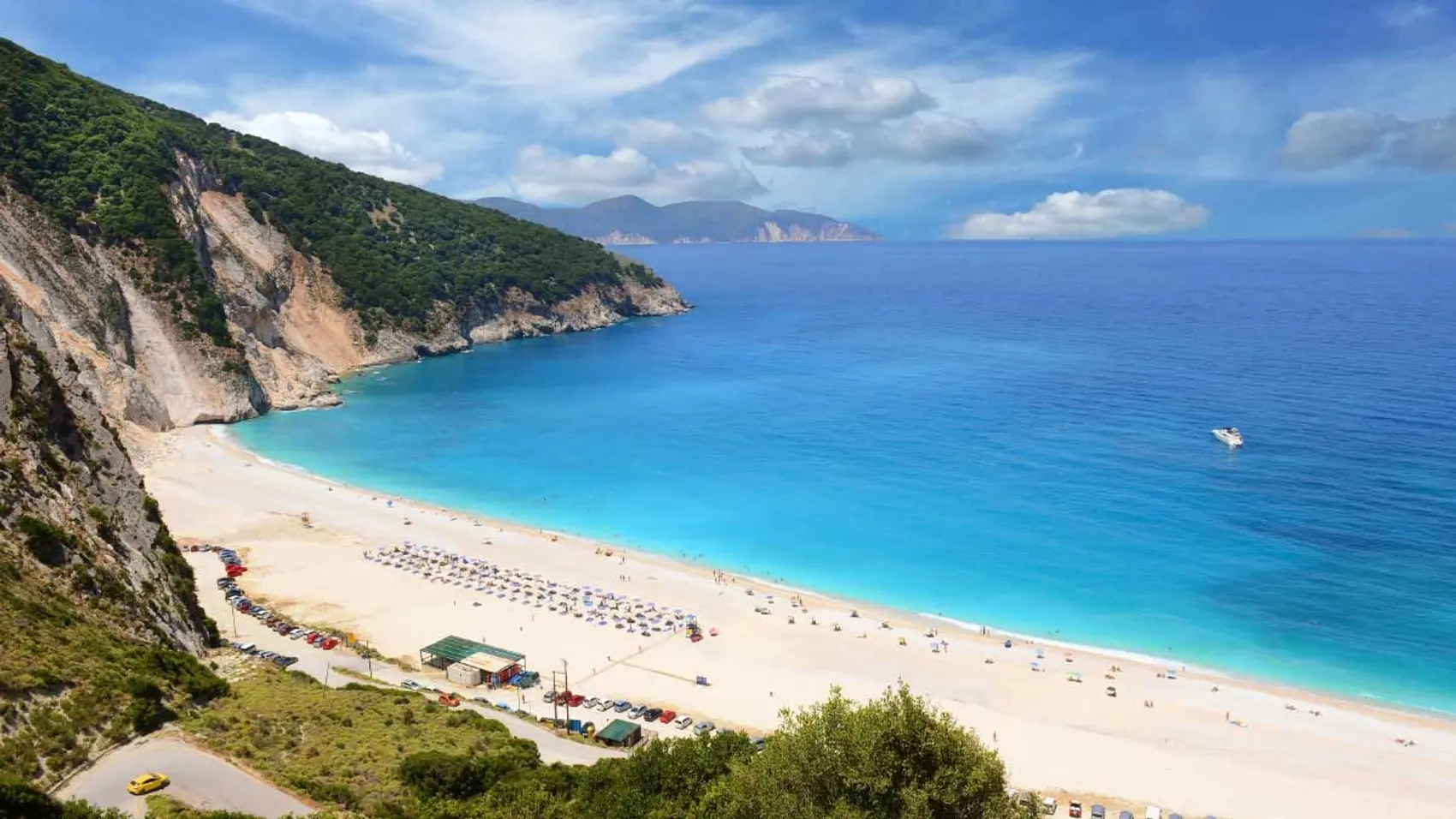 Myrtos Beach in Agia Euphemia, Kefalonia