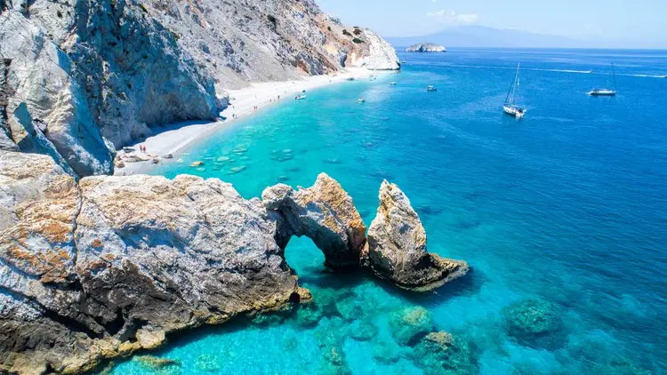 Spectacular rocky coastline and blue water of Ithaca