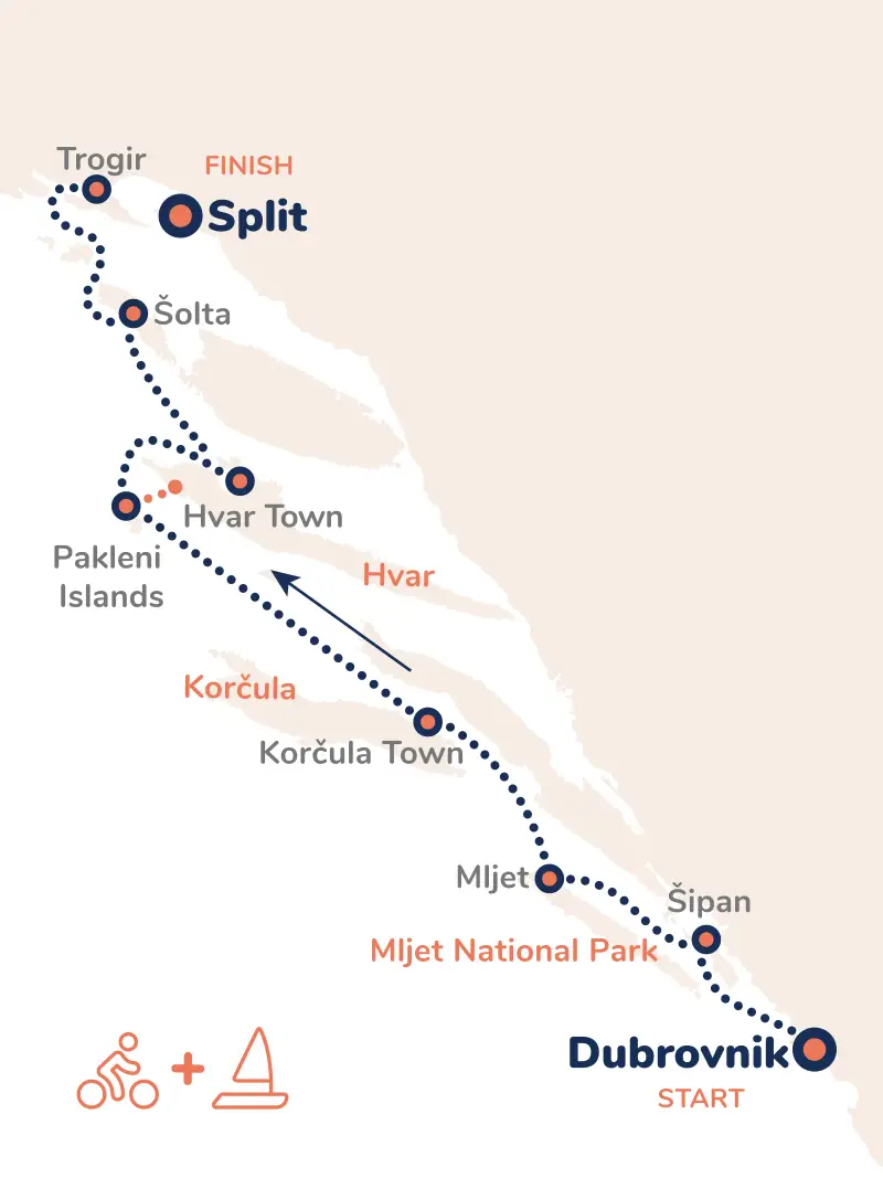 Map of Croatia cycling cruise with Yacht Getaways.