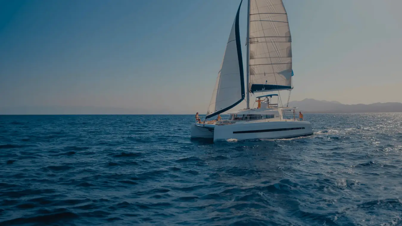 A Yacht Getaways luxury catamaran at anchor near Korcula island in Croatia.