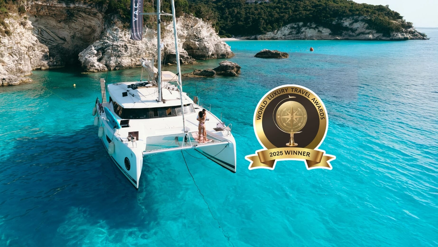 Yacht Getaways crew and guests celebrating the 2025 World Luxury Travel Award win for Best Yacht Cruises across Greece and Croatia.