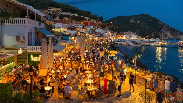 Parga waterfront restaurants at night