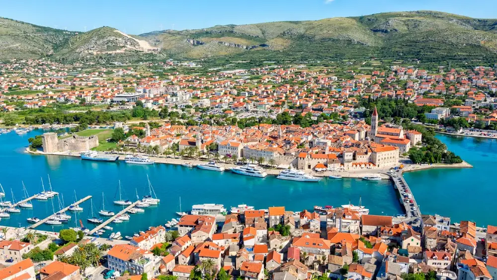 Aerial photo of Trogir Old Town near Split in Croatia.