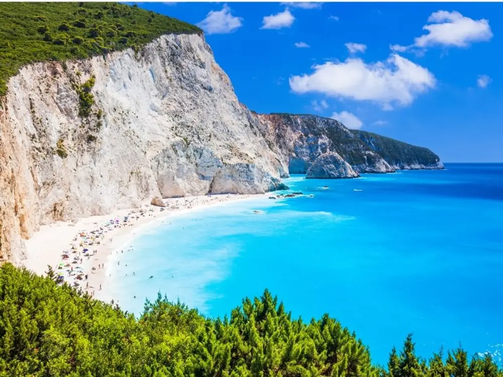White cliffs and sandy beach on Ithaca in Greece.