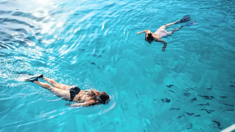 Two people swimming and snorkelling in a bright blue Mediterranean bay while on a private group sailing holiday with Yacht Getaways.