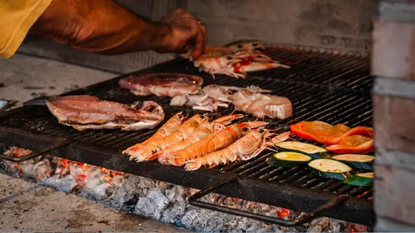 Seafood on an outdoor grill in Greece