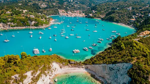 Drone shot of Lakka Town bay