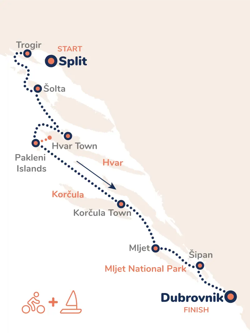 Map of Croatia cycling cruise with Yacht Getaways.