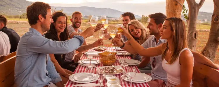 Group of people drinking wine at Hora vineyard in Croatia