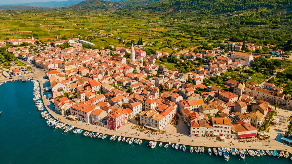 Drone shot of Stari Grad town in Croatia