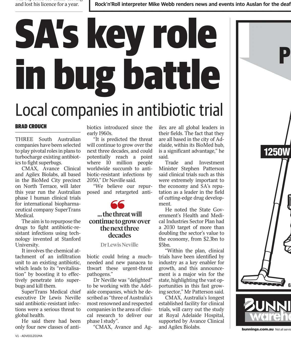 Adelaide Advertiser report on South Australian companies in an antibiotic trial