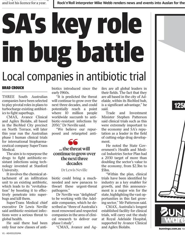 Adelaide Advertiser report on South Australian companies in an antibiotic trial