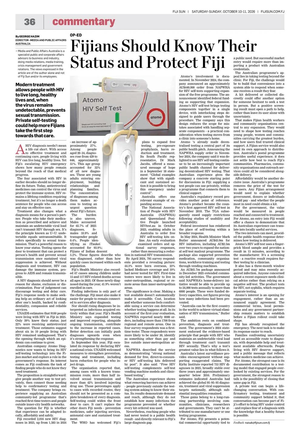 George Hazim's Fiji Sun op-ed on HIV self-testing, with a photograph of the Atomo HIV Self Test