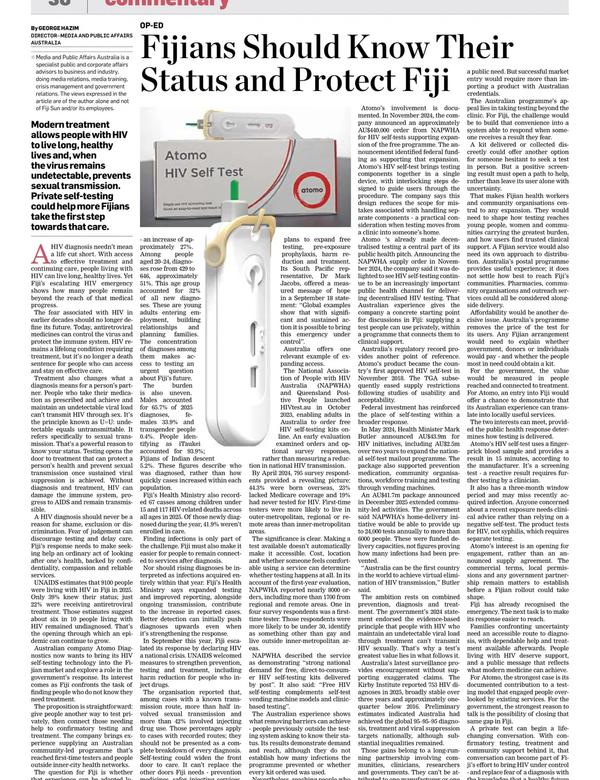 George Hazim's Fiji Sun op-ed on HIV self-testing, with a photograph of the Atomo HIV Self Test