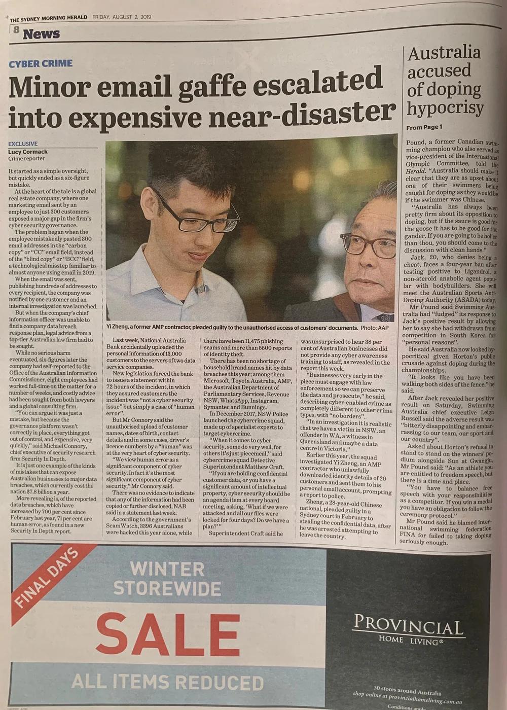 Sydney Morning Herald cyber crime report on an email mistake that became a costly near-disaster