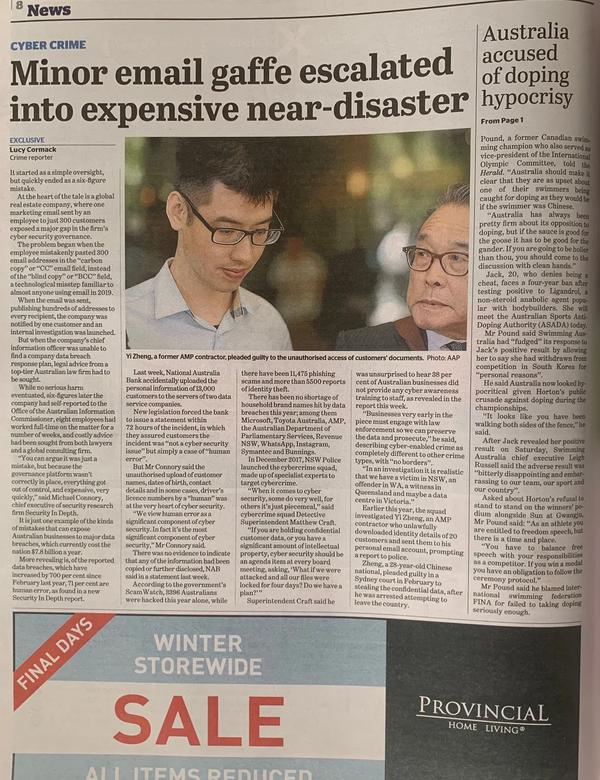 Sydney Morning Herald cyber crime report on an email mistake that became a costly near-disaster