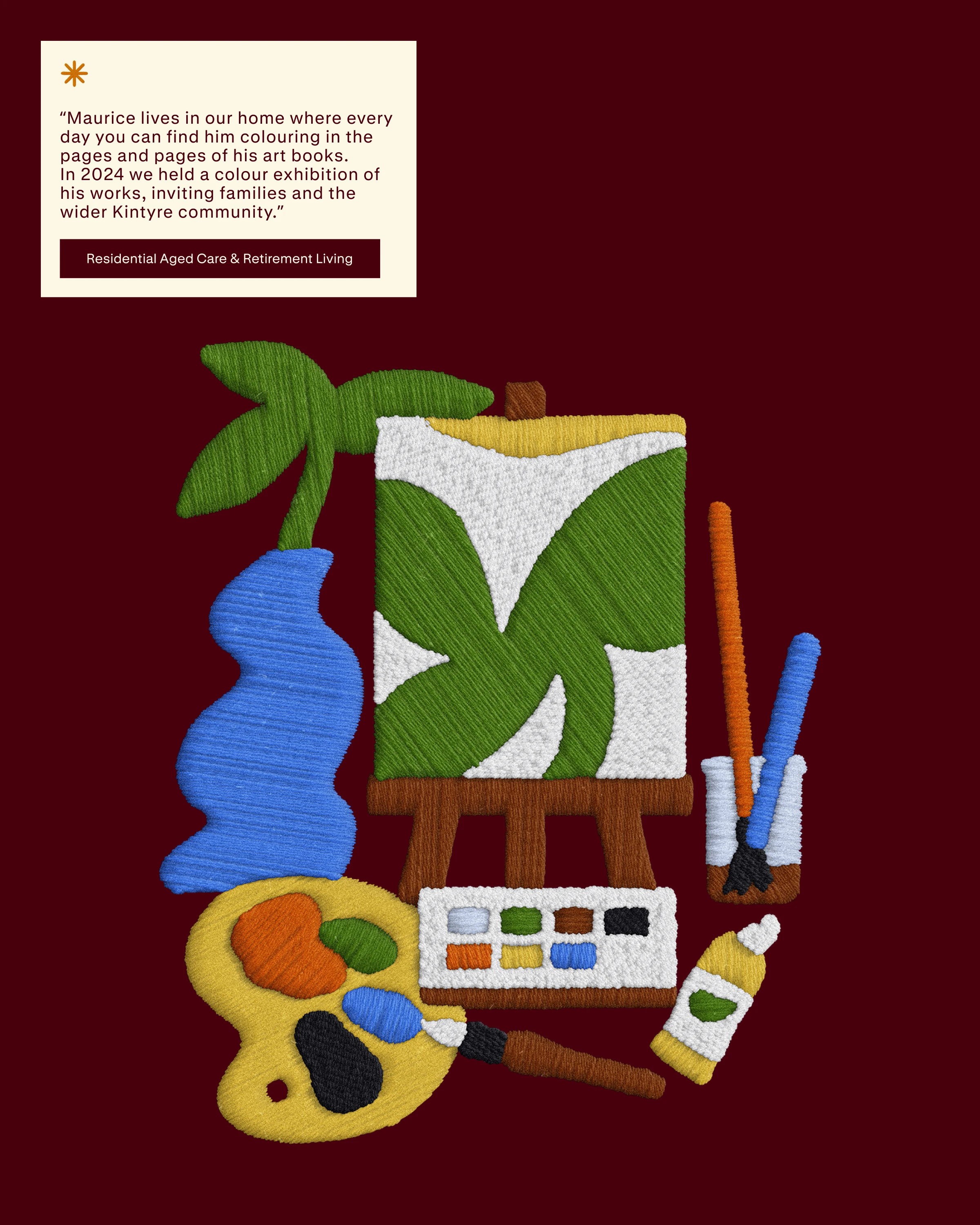 Thread illustration of an easel, palette, brushes and paints beside a resident's art story