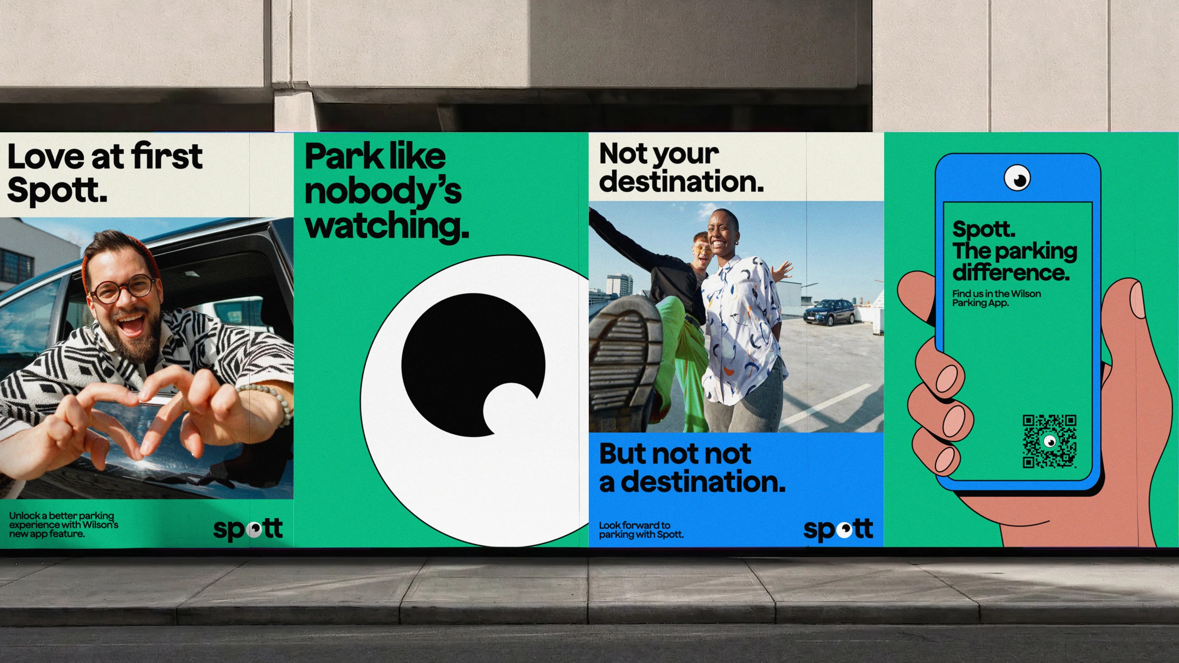 Four-panel outdoor poster run for Wilson Parking, mixing eye graphics, portraits and a phone illustration