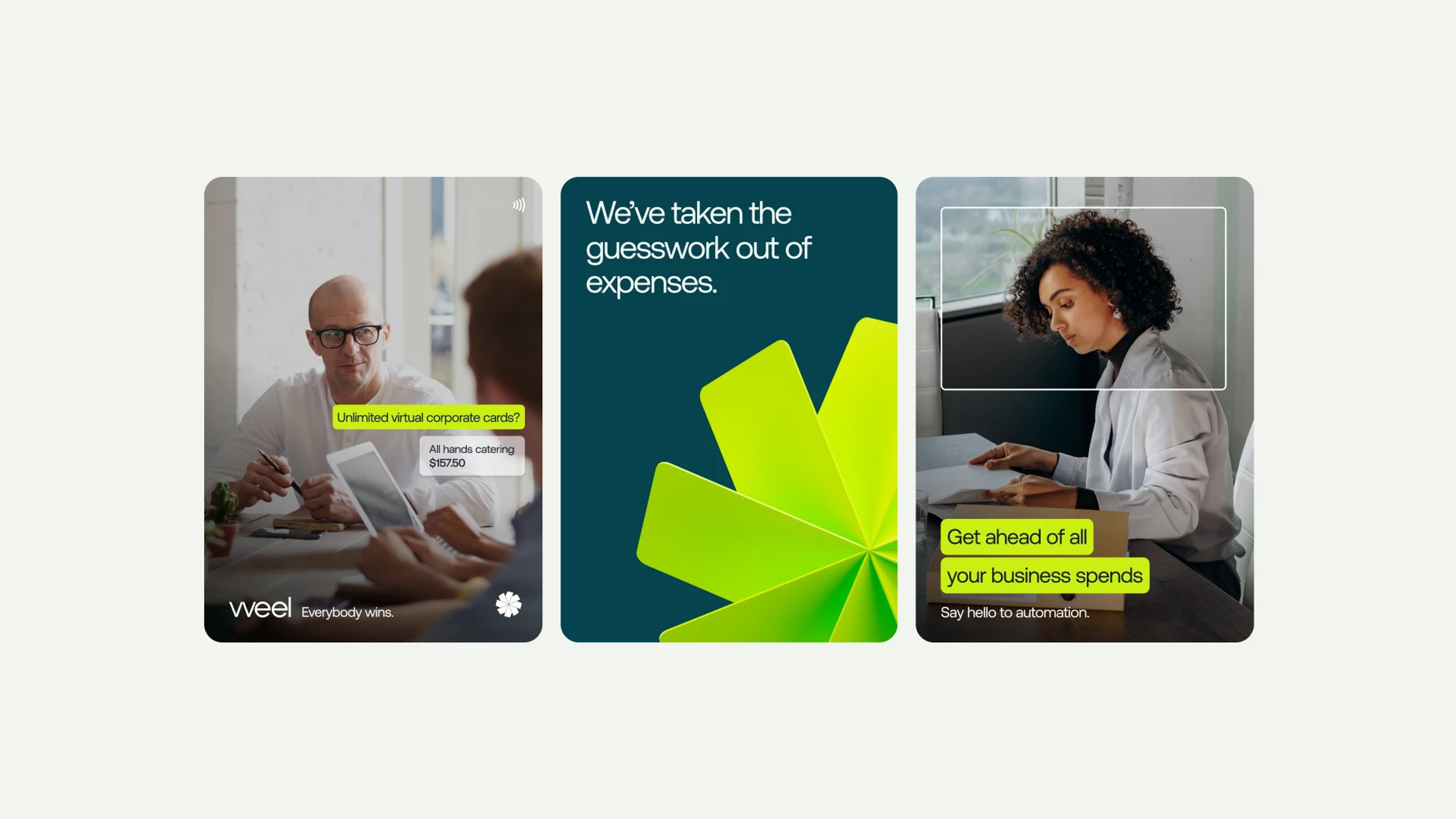 Card overview of the weel design system, showing logo device super crop and graphic devices on photography