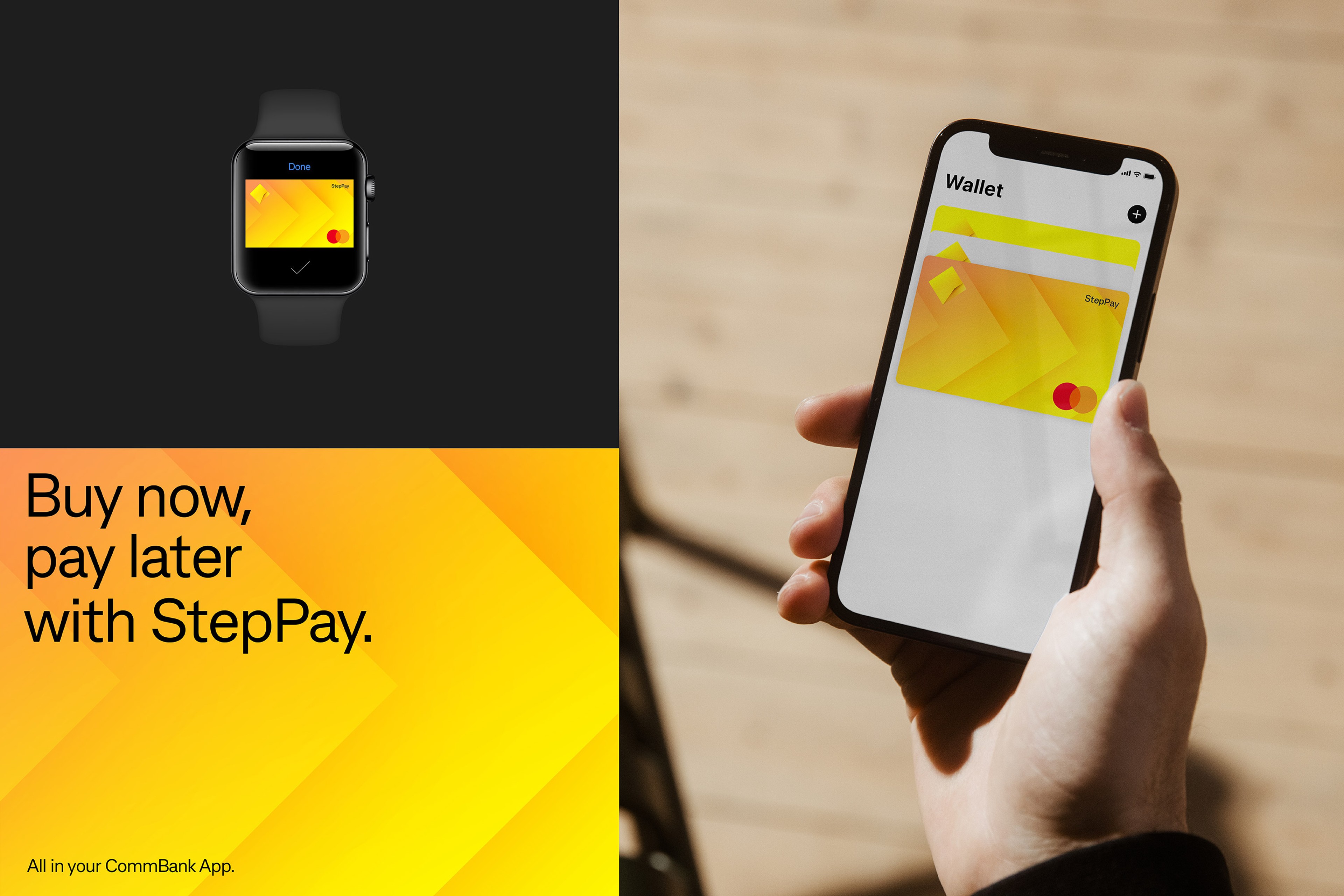 StepPay screens on phone and watch beside a yellow 'Buy now, pay later' CommBank panel