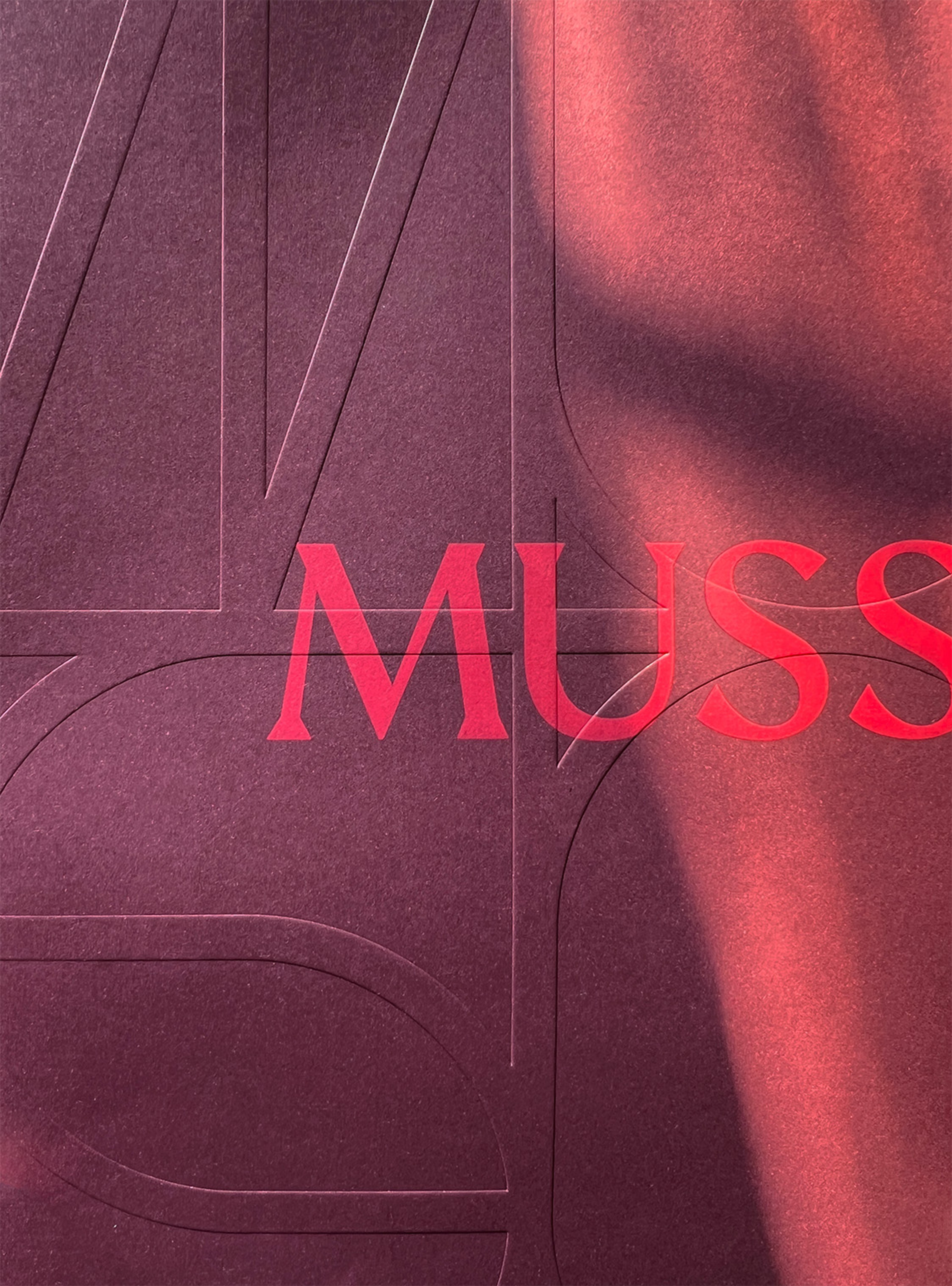 Debossed letterforms and raised red type on burgundy card stock, caught in low sunlight
