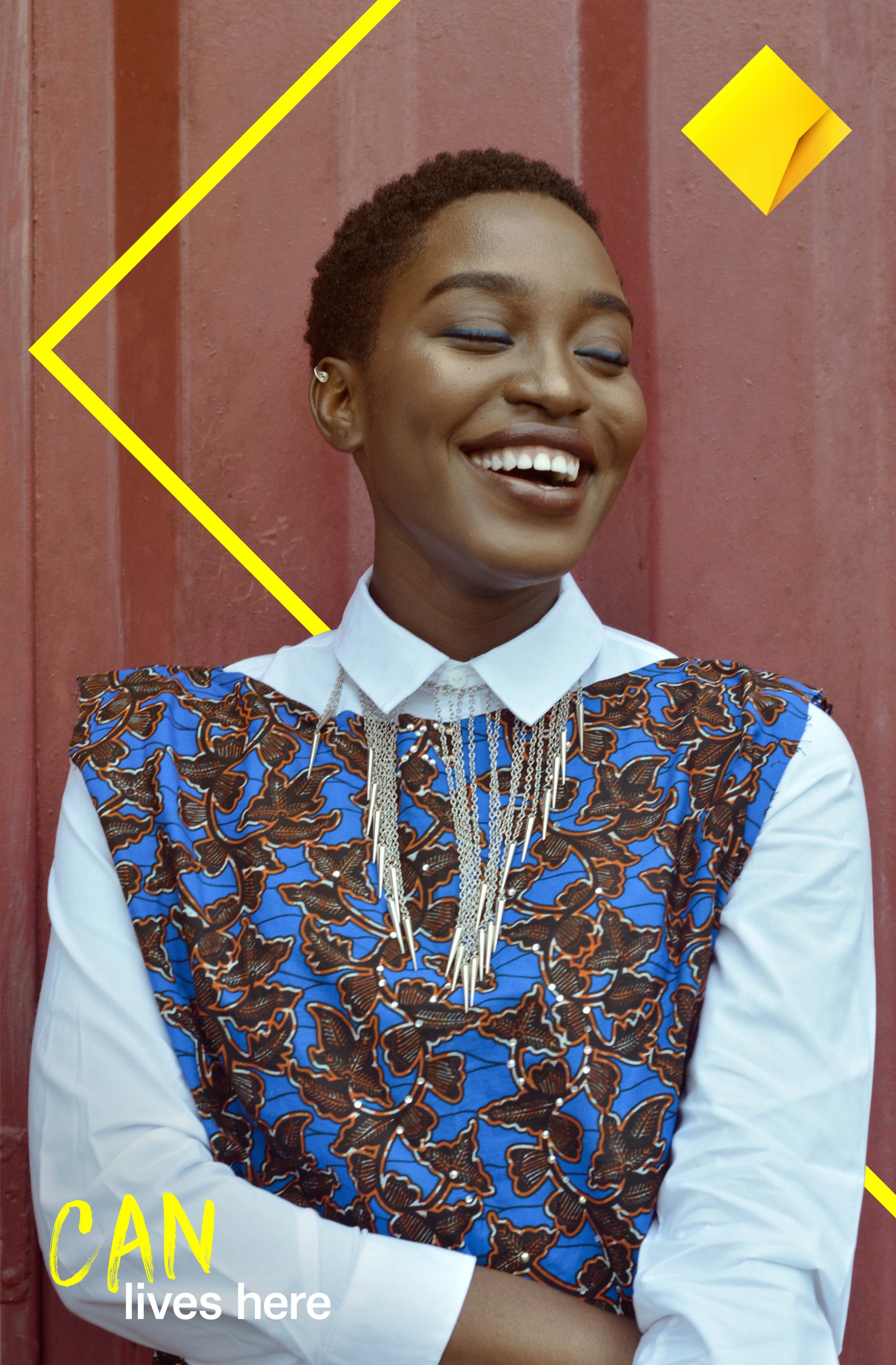 Poster of a smiling woman in blue printed fabric, yellow chevron and 'Can lives here'