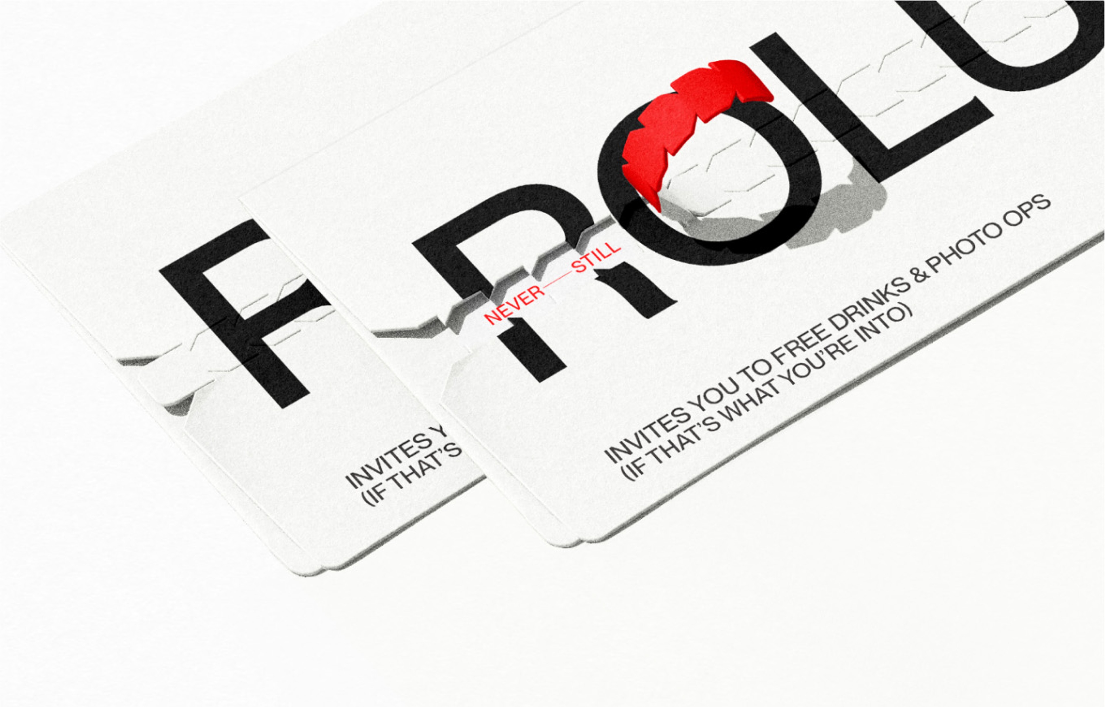 Torn-edge invite cards offering free drinks and photo ops, red flash behind the type