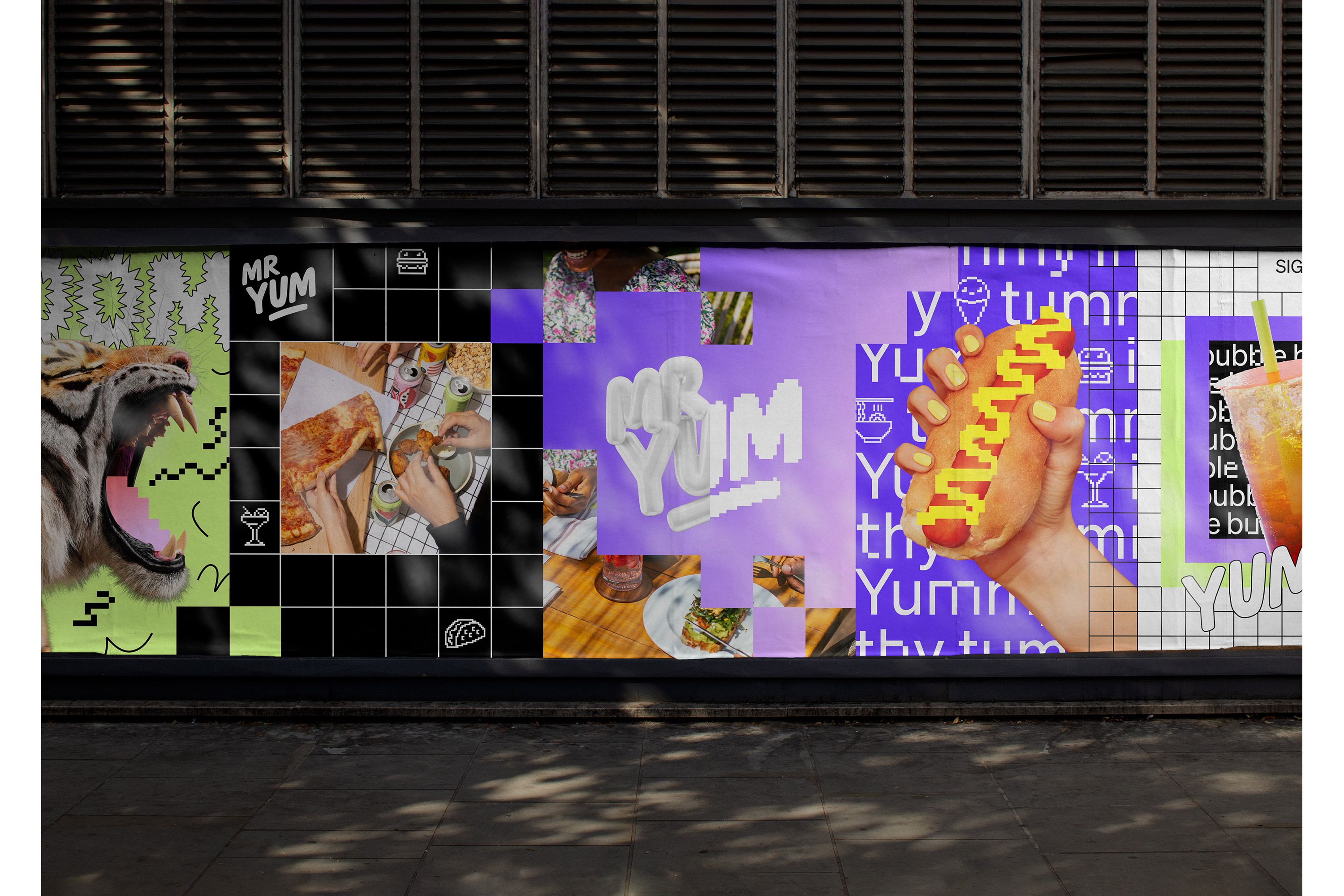 Shopfront poster wall mixing food photography, purple brand lettering and pixel doodles