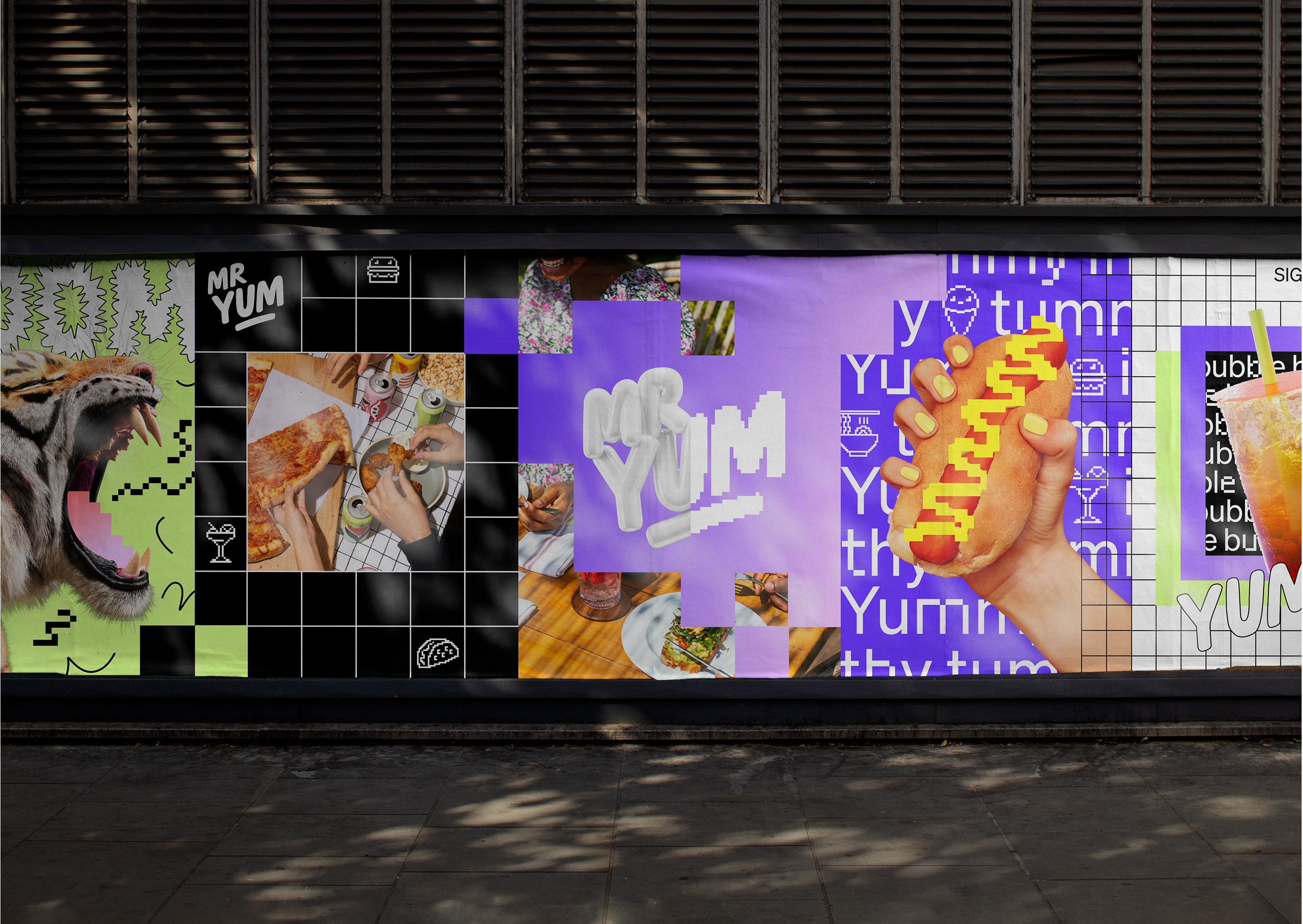 Shopfront poster wall mixing food photography, purple brand lettering and pixel doodles