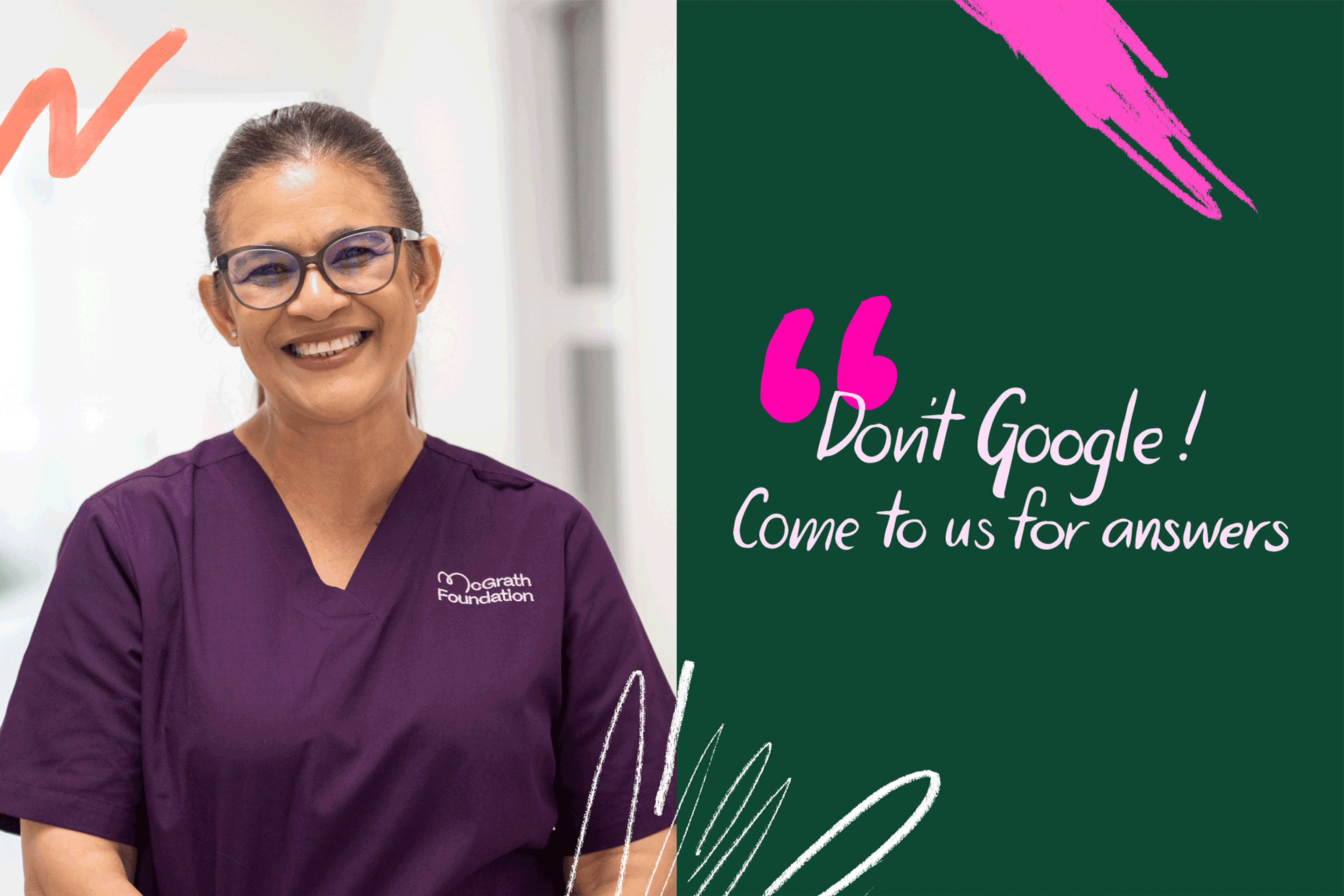McGrath Foundation nurse in purple scrubs beside a deep green panel with a hot pink handwritten quote