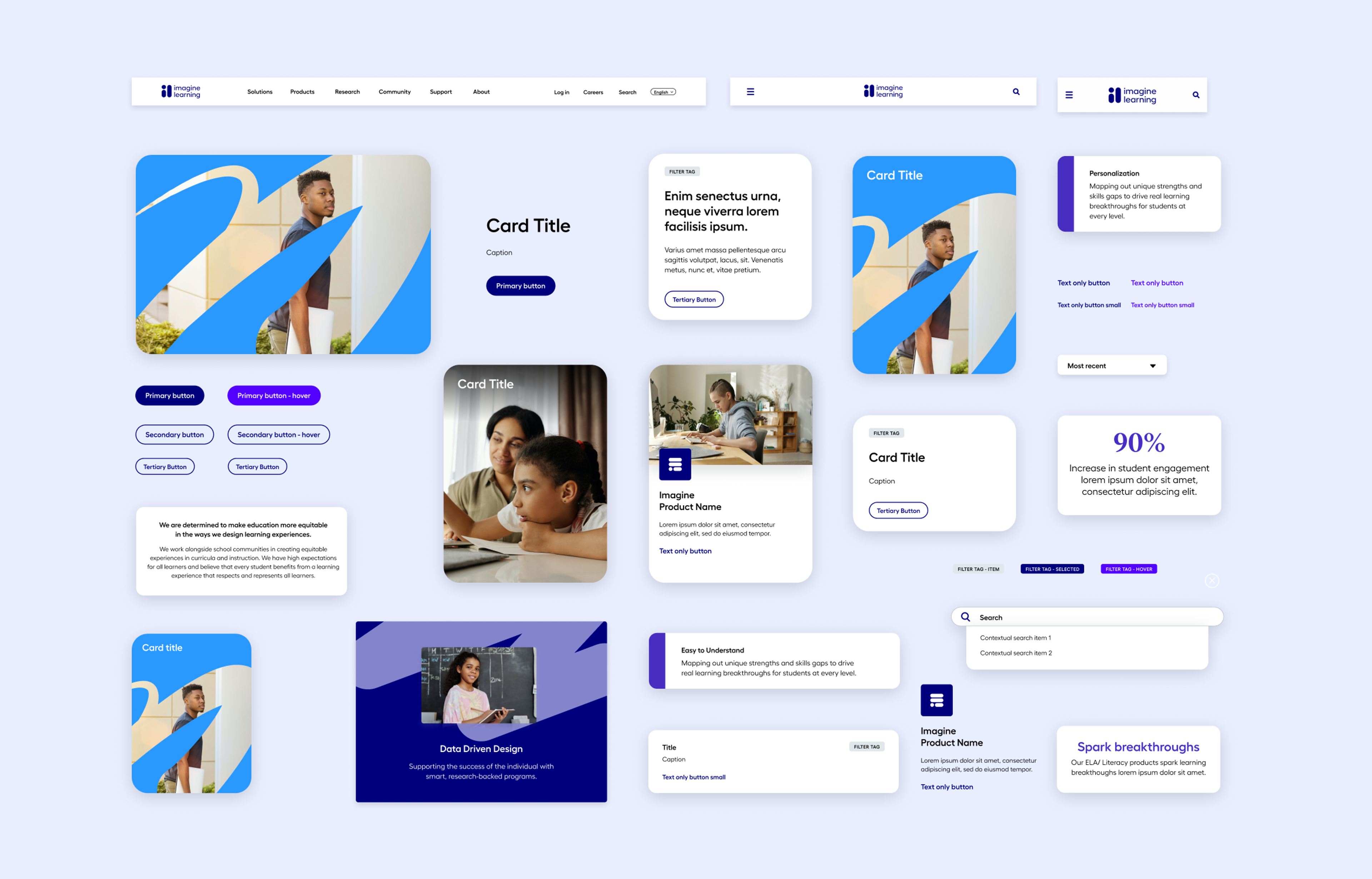 Website UI kit of cards, buttons, search and navigation bars in blue and violet on lilac