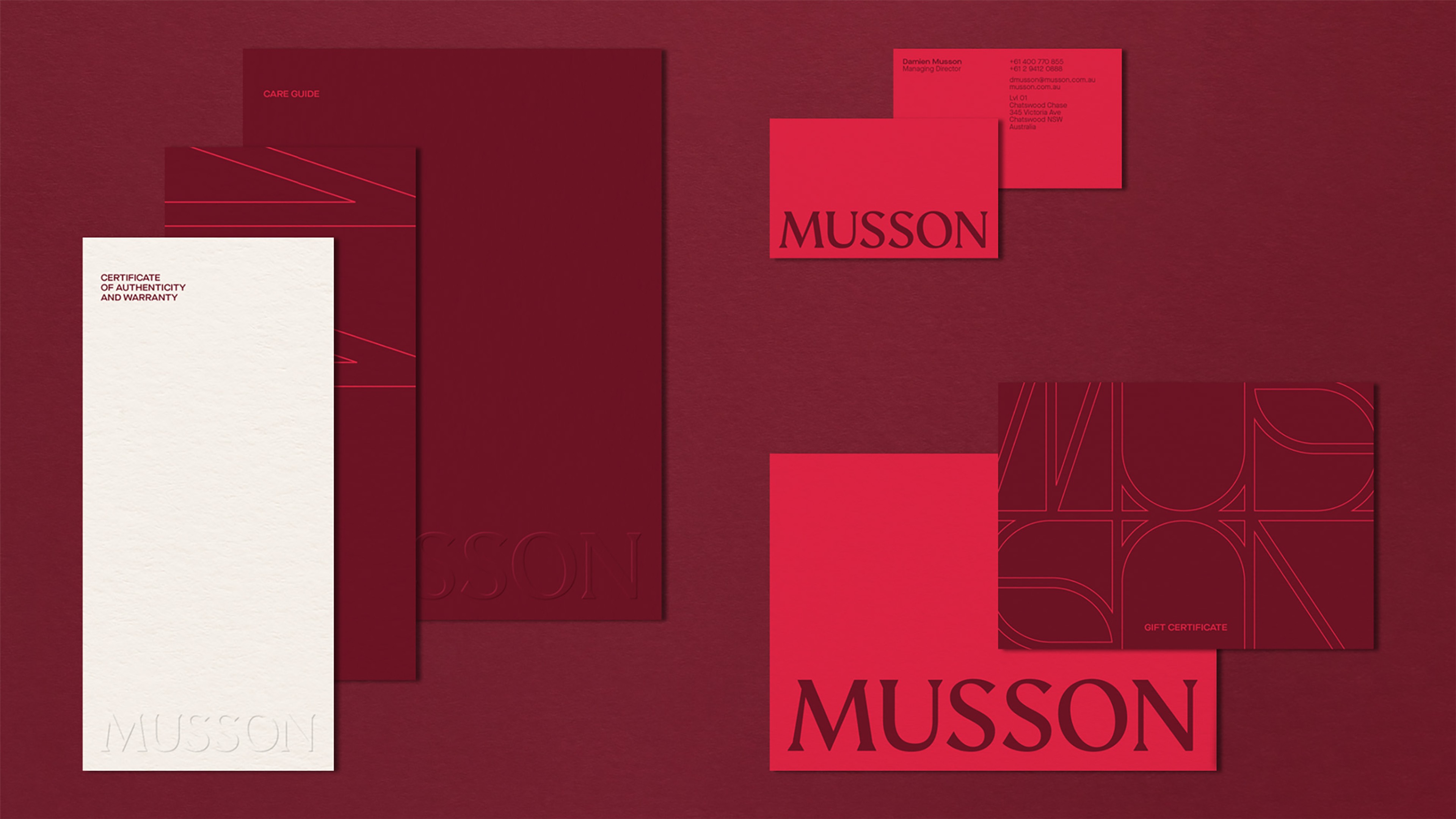 Musson stationery suite: certificate of authenticity, business cards and embossed gift card