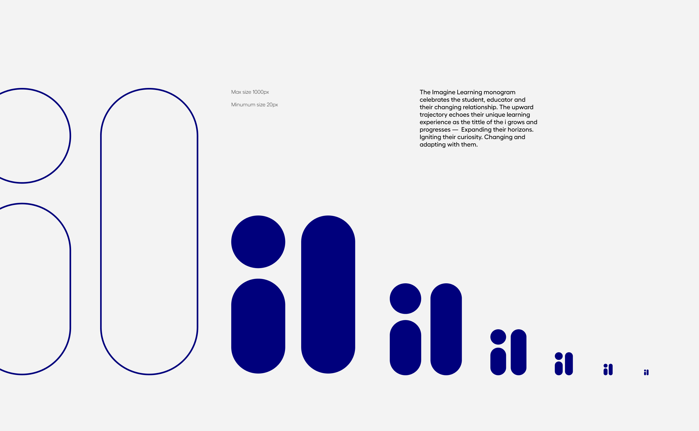 Brand guideline page constructing the navy 'il' monogram with minimum and maximum sizes