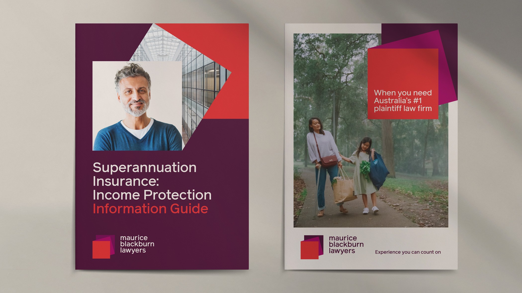 Two brochure covers layering red and plum squares over client photography