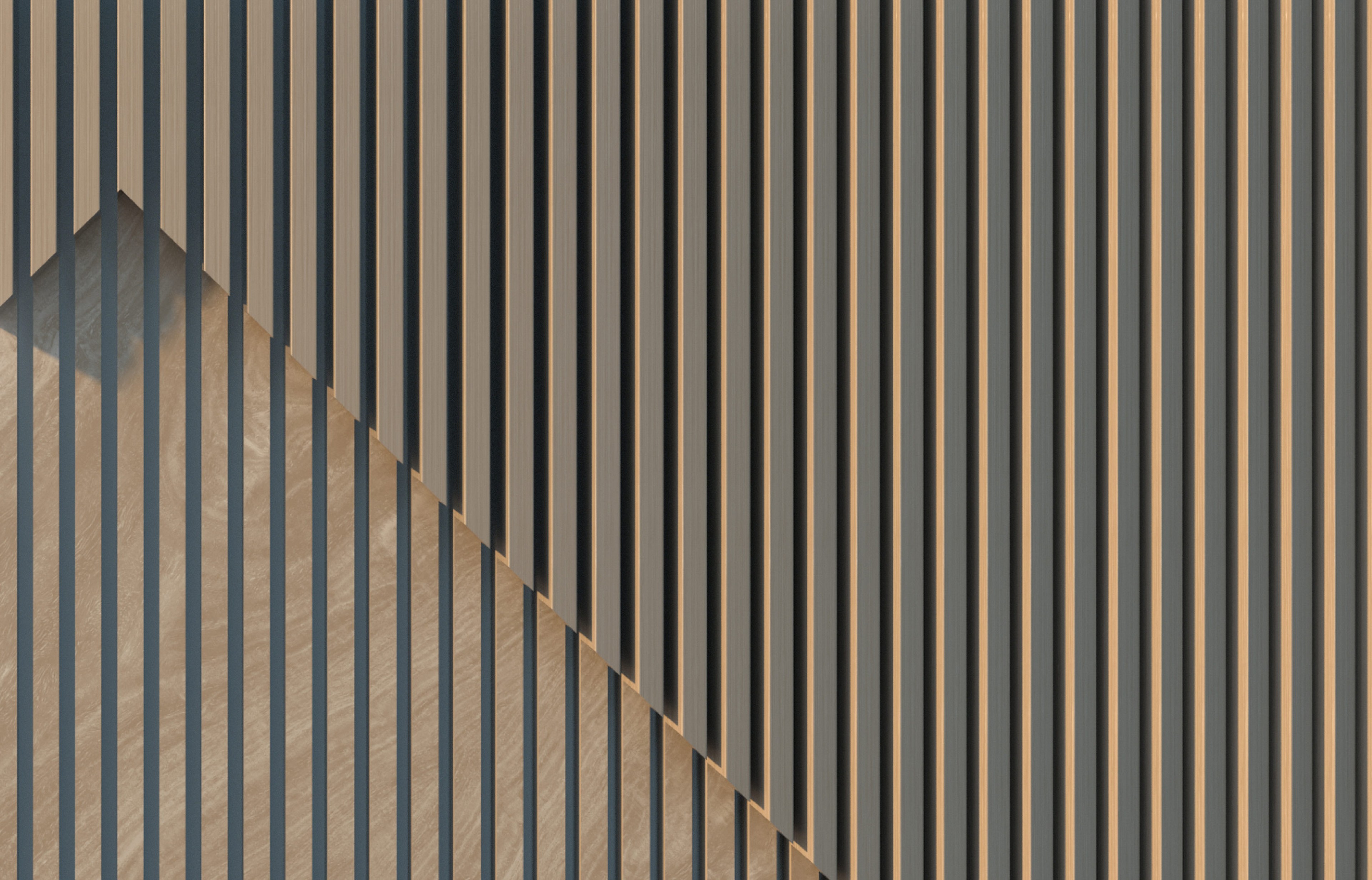Vertical timber battens with a diagonal shadow cutting a chevron across the wall