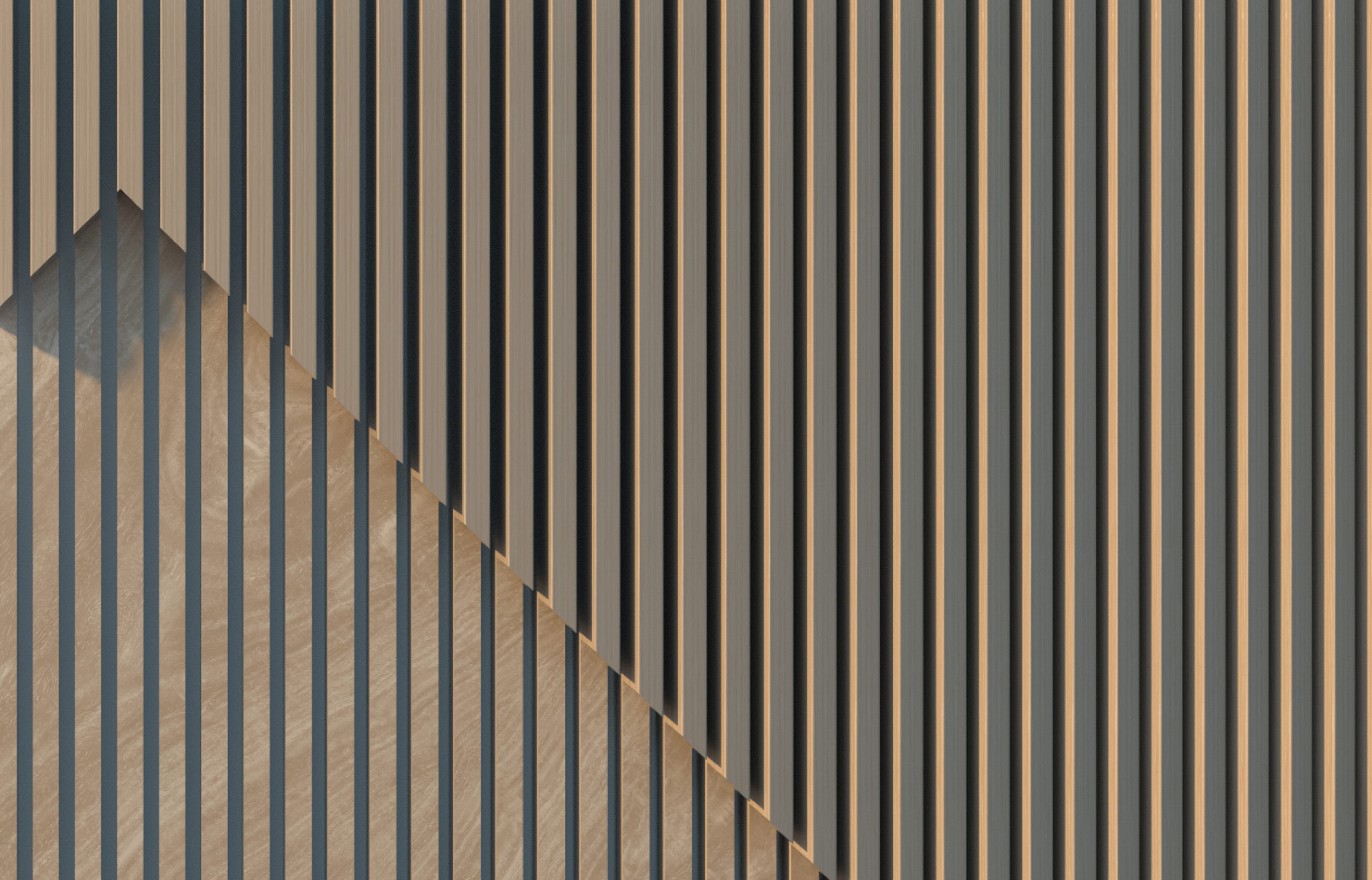 Vertical timber battens with a diagonal shadow cutting a chevron across the wall