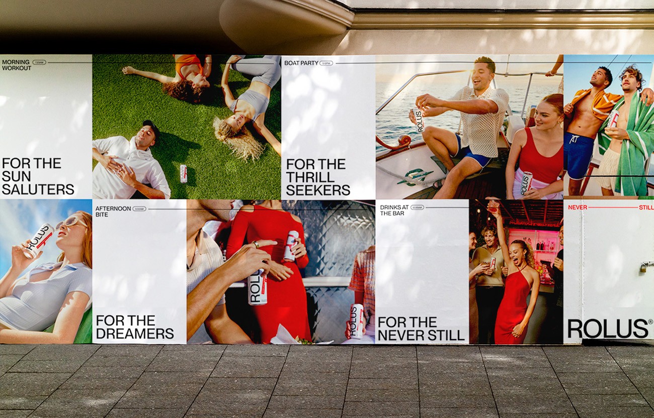 Poster wall pairing lifestyle shots with headlines for the sun saluters and the dreamers
