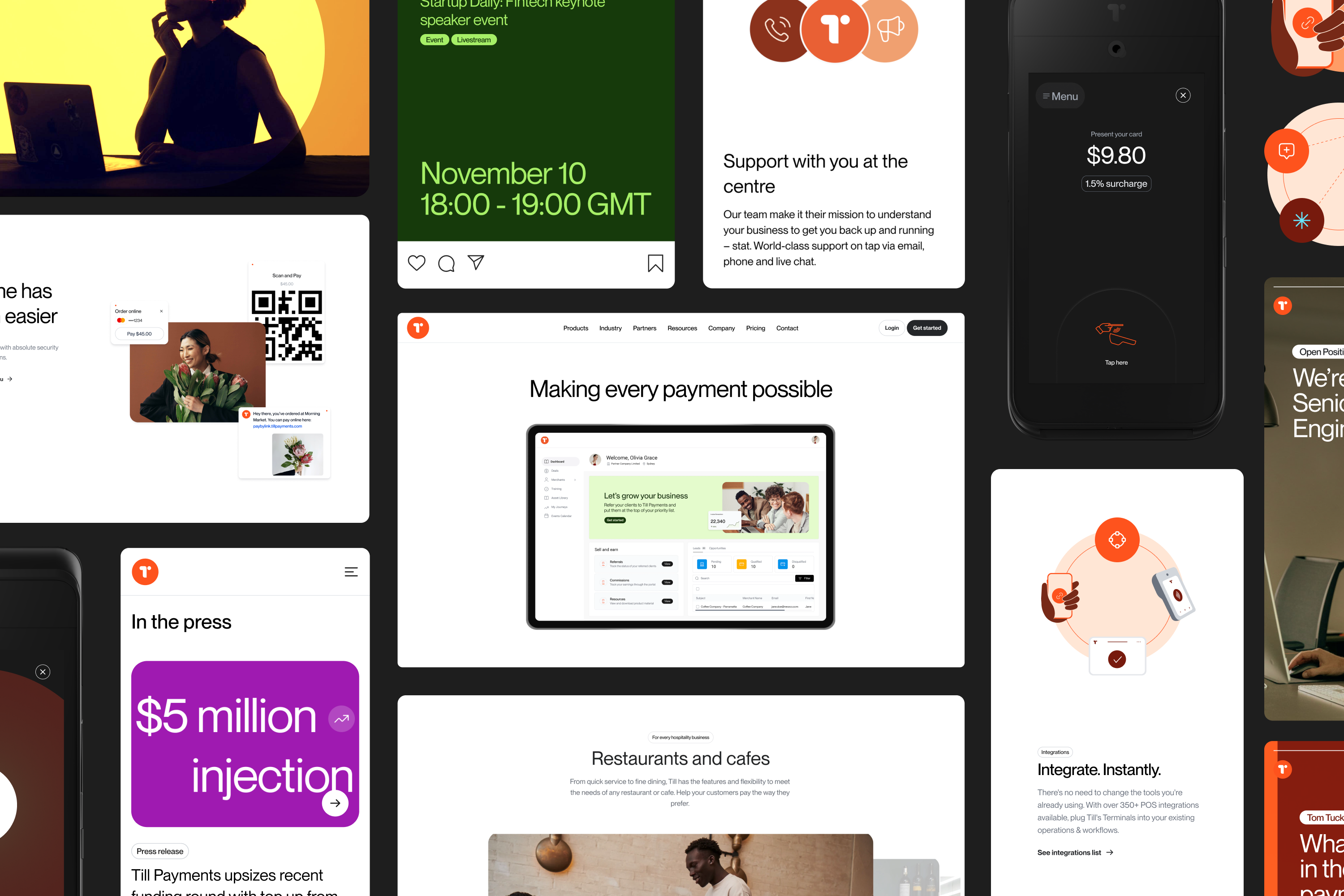 Grid of marketing assets, from press cards and event posts to terminal UI and Till website pages