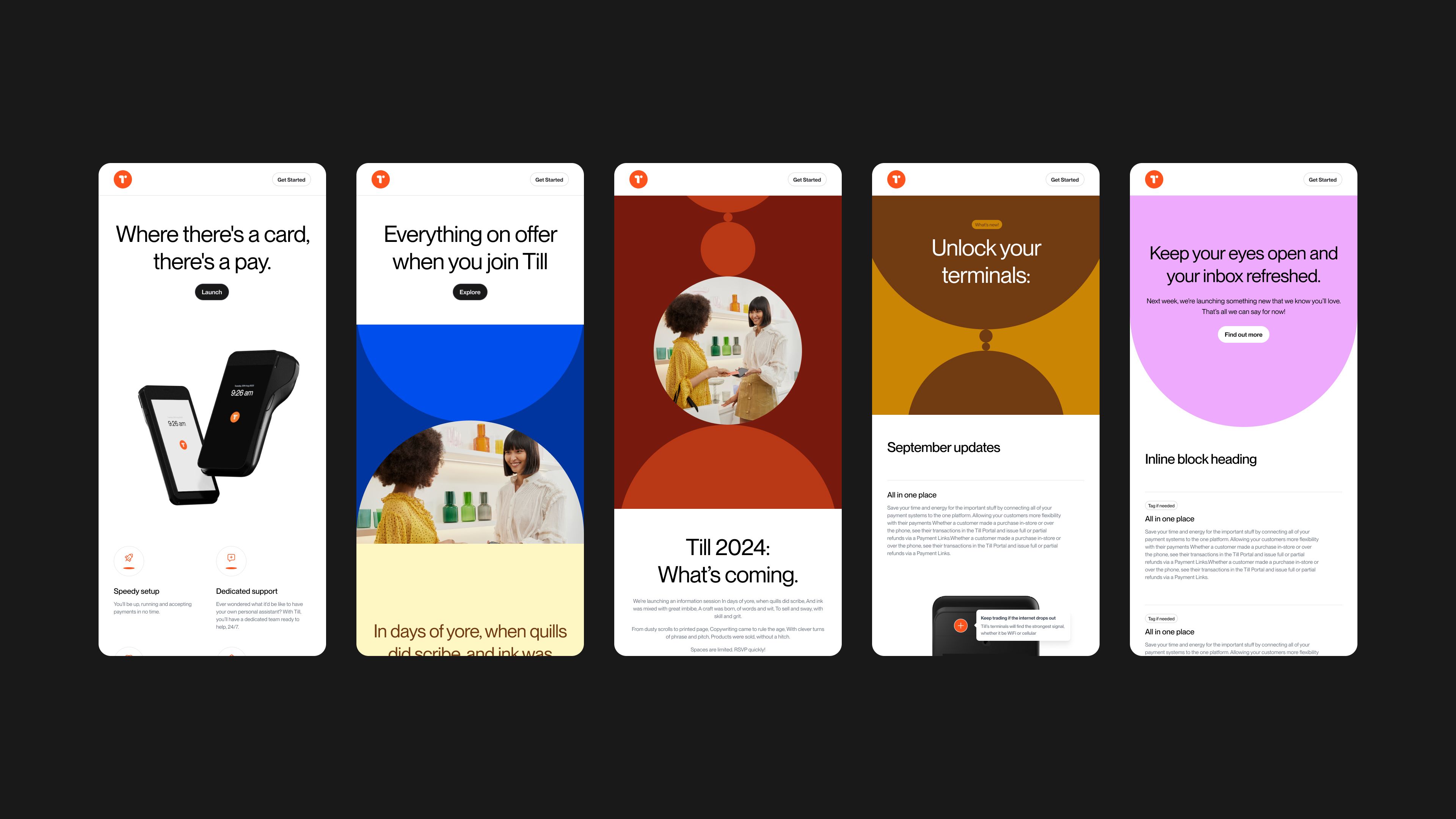 Five responsive web screens using bold circular colour blocks in blue, ochre and lilac