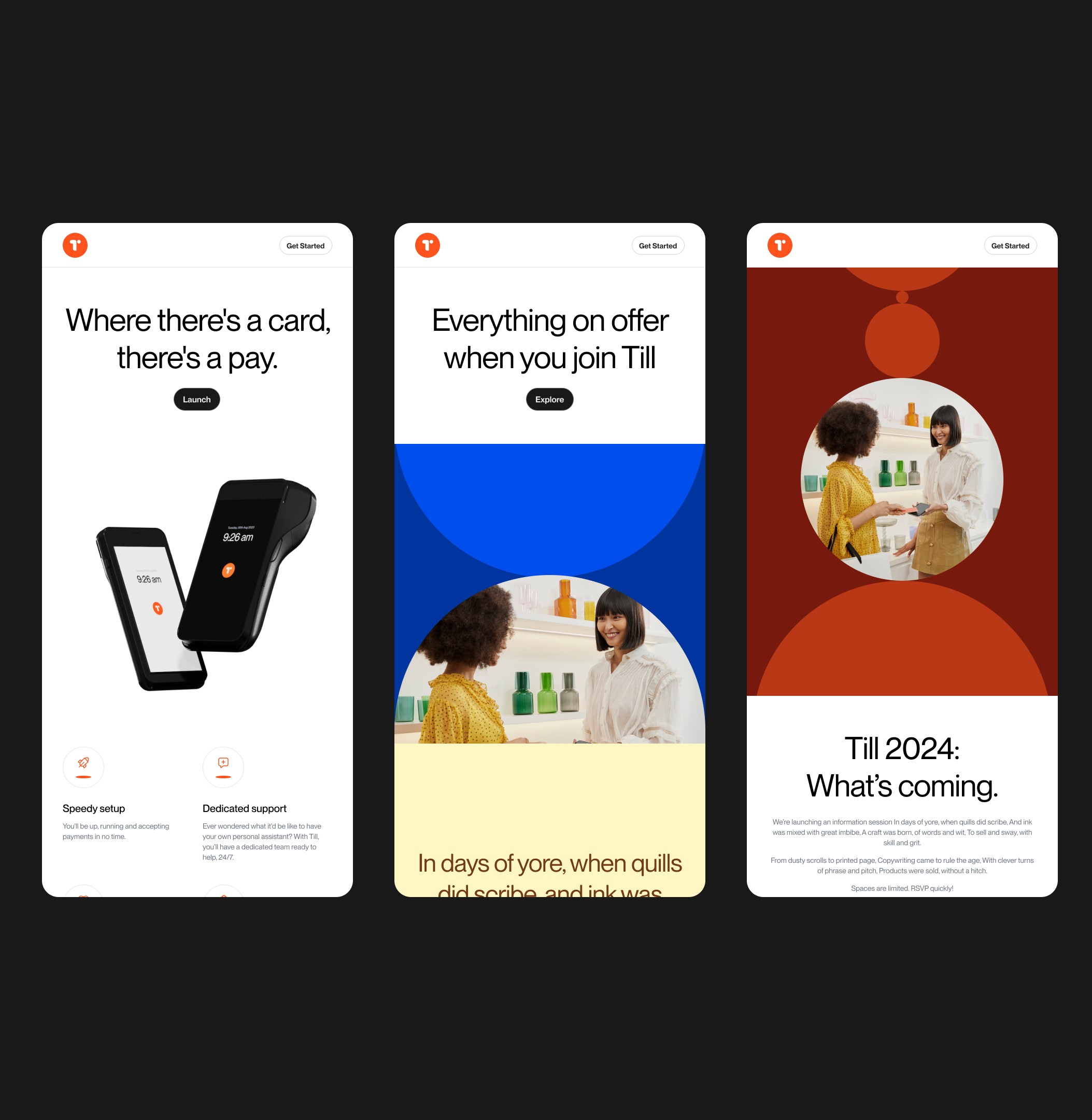 Five responsive web screens using bold circular colour blocks in blue, ochre and lilac