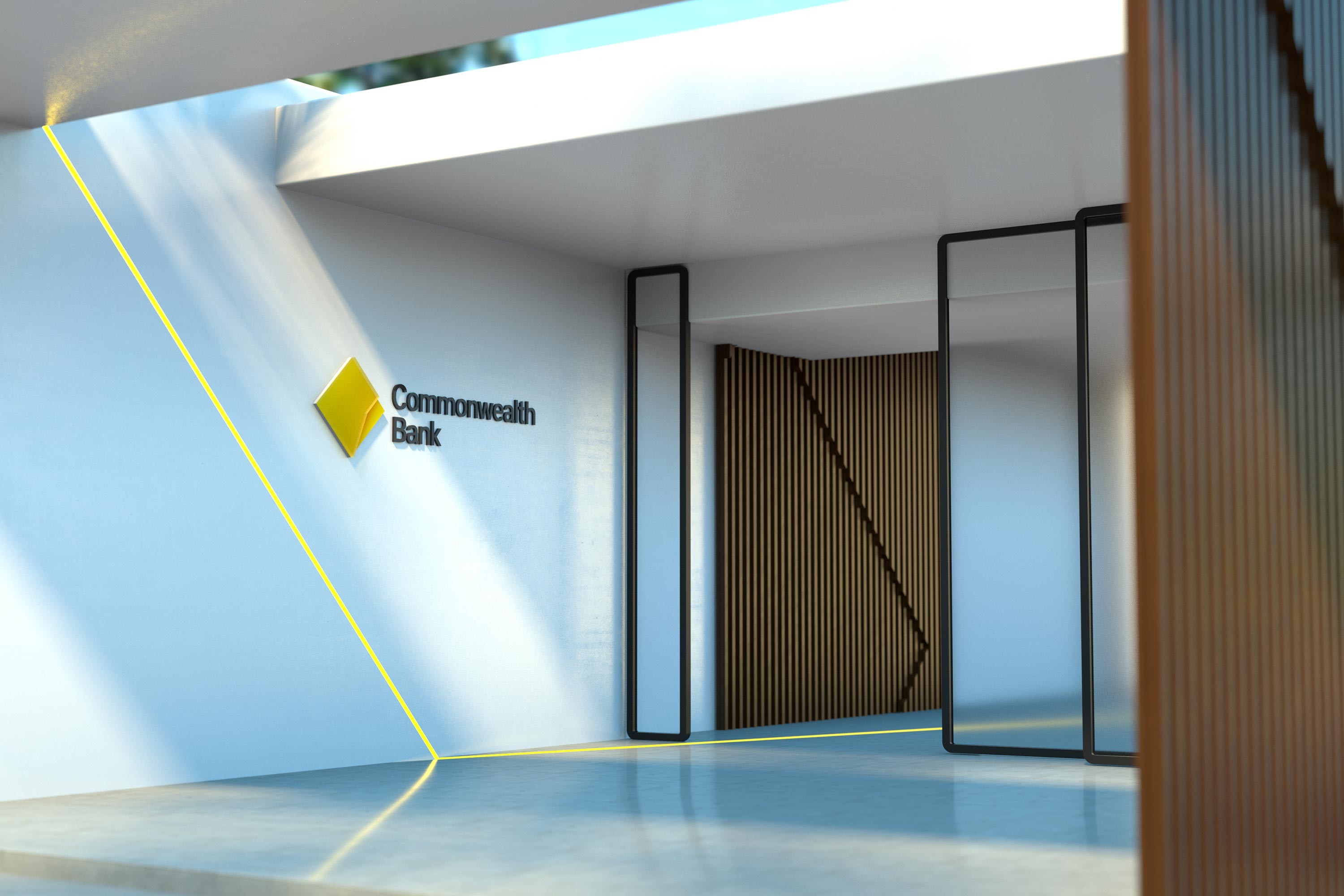 Branch interior render with the diamond logo on white wall and a yellow line tracing the floor