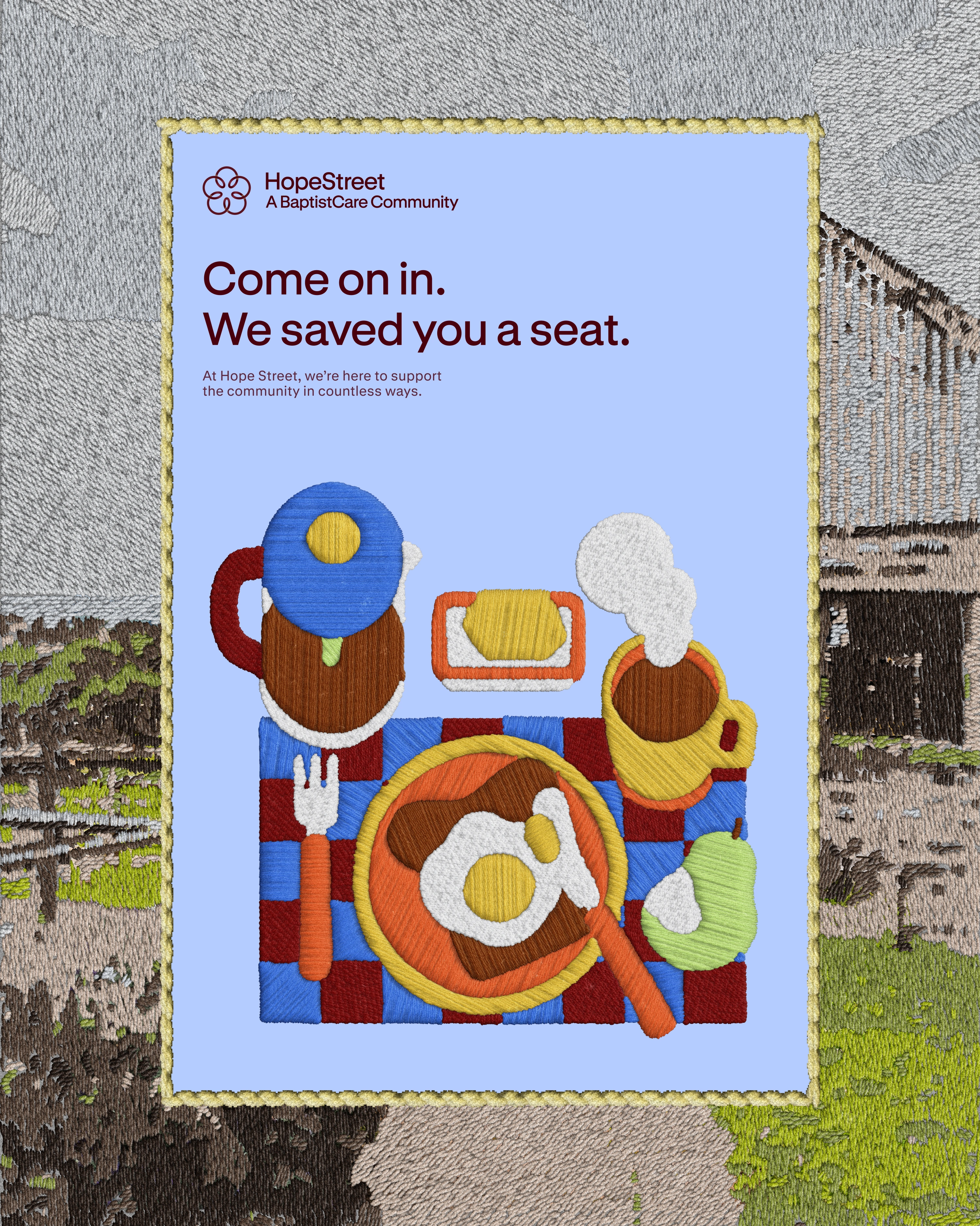 Embroidered breakfast spread — fried egg, teapot, pear — on the periwinkle HopeStreet community poster
