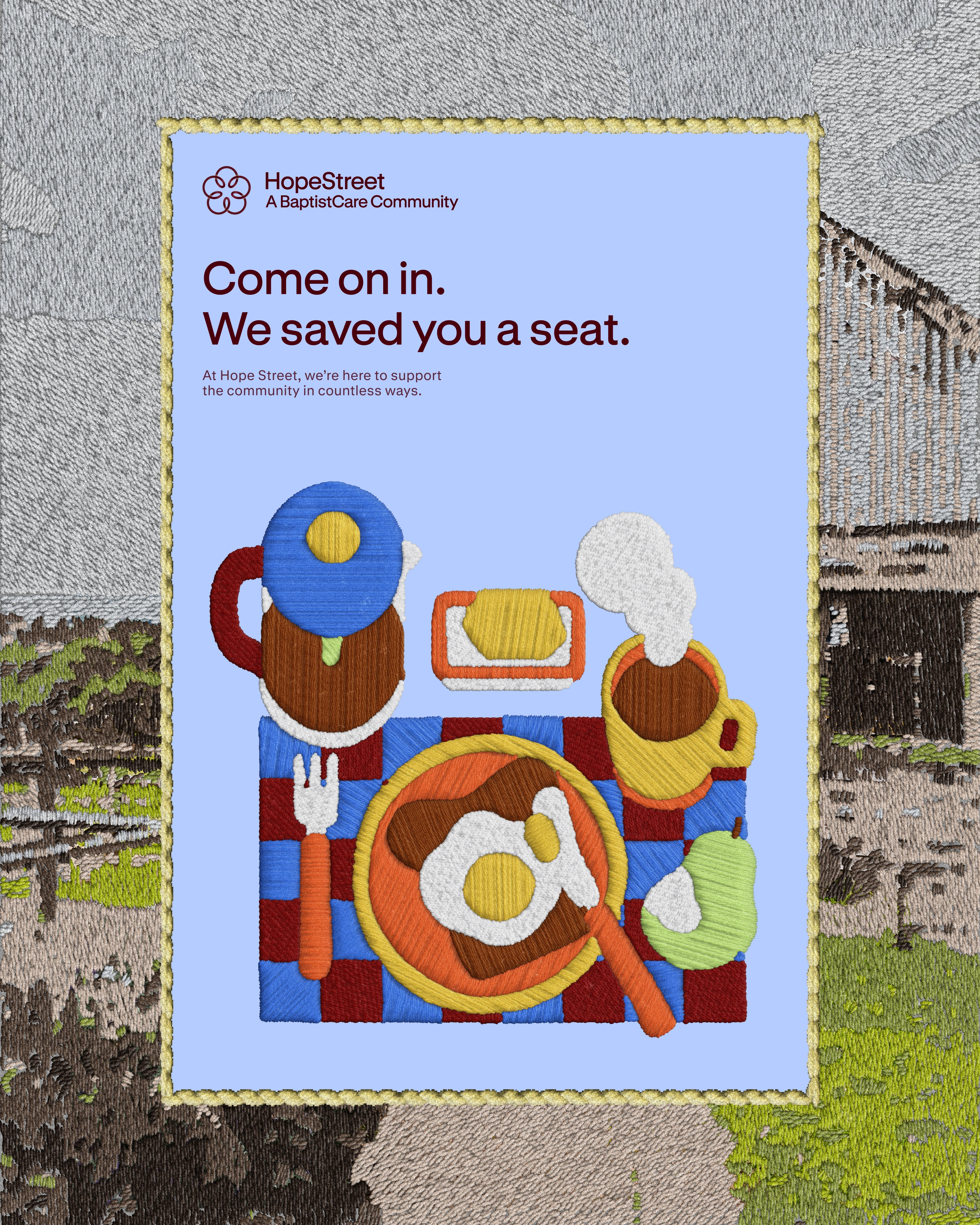 Embroidered breakfast spread — fried egg, teapot, pear — on the periwinkle HopeStreet community poster
