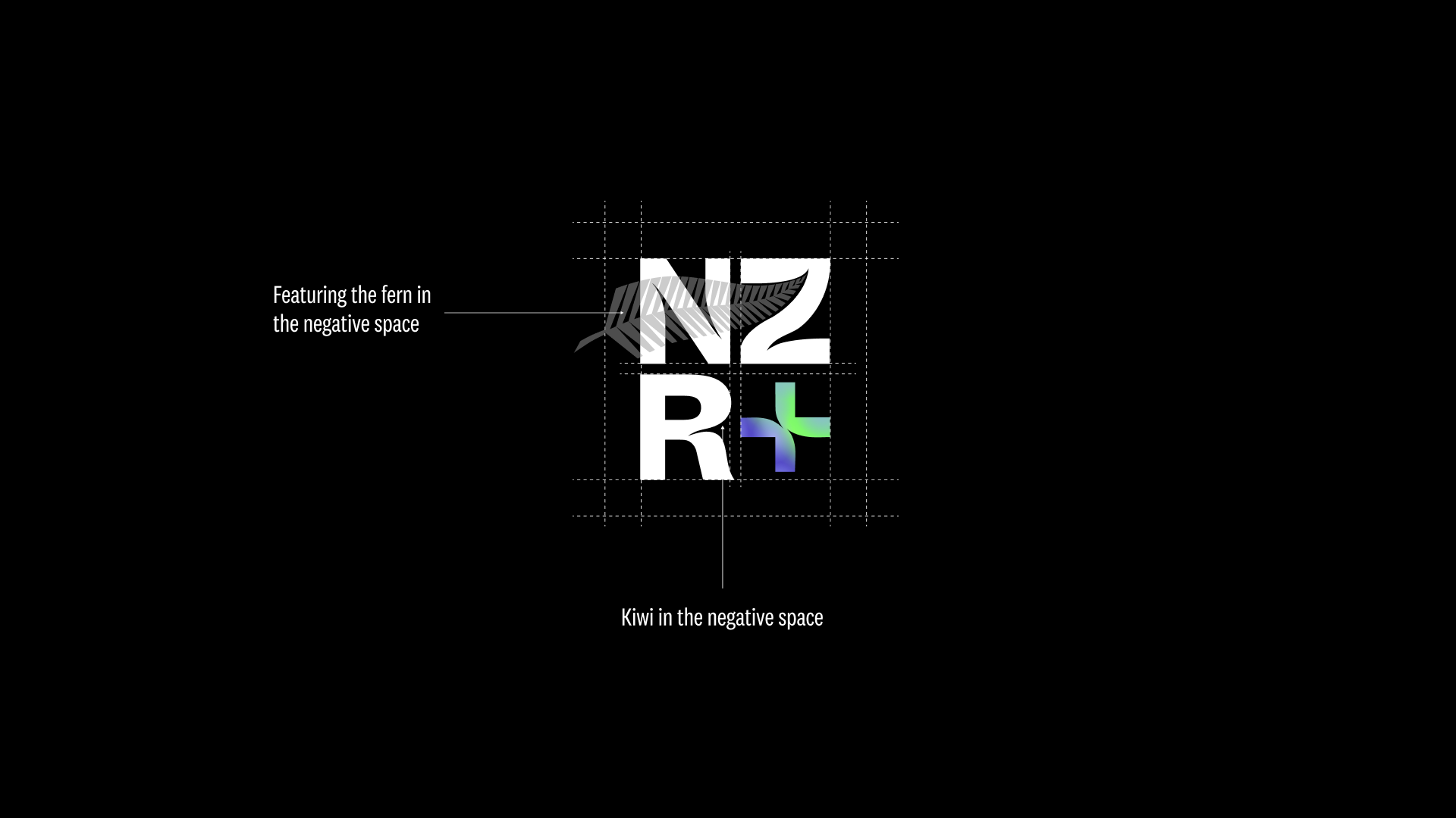 Logo breakdown with annotation lines pointing to the fern and the kiwi hidden in the negative space