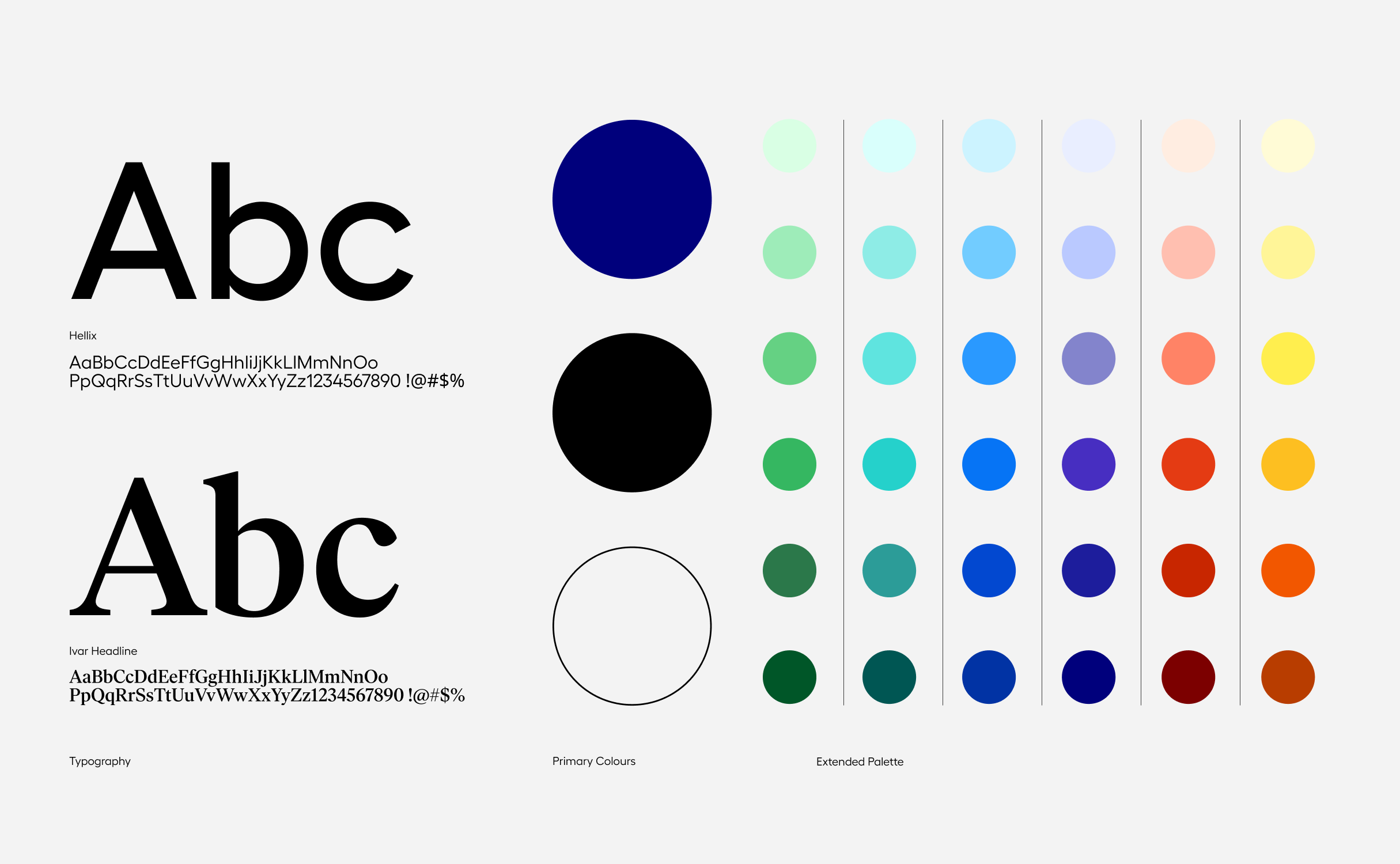 Type specimen and colour page: sans and serif faces, navy primaries, tinted extended palette