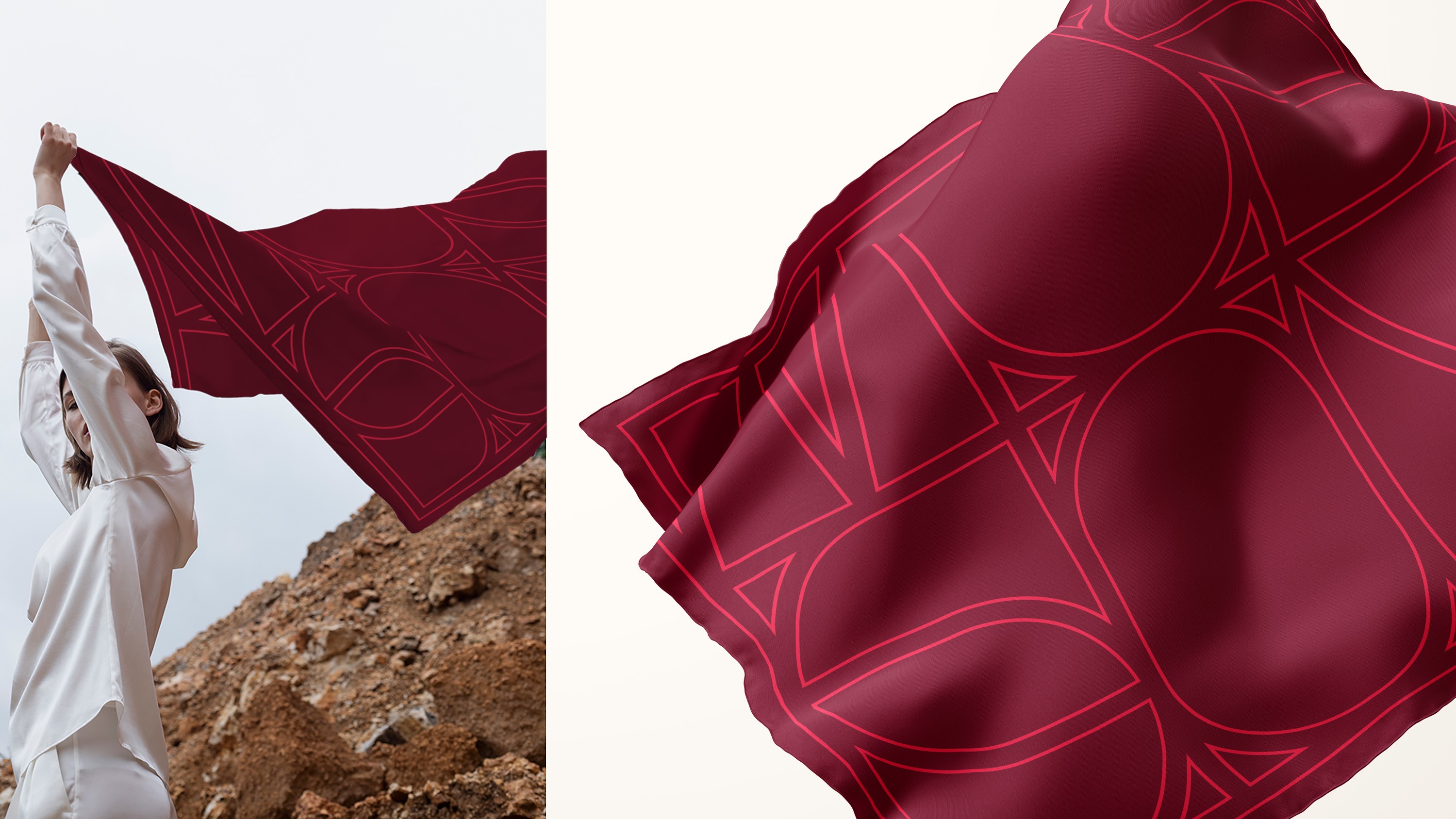 Model holding a printed silk scarf aloft on a rocky hillside, with the pattern shown enlarged
